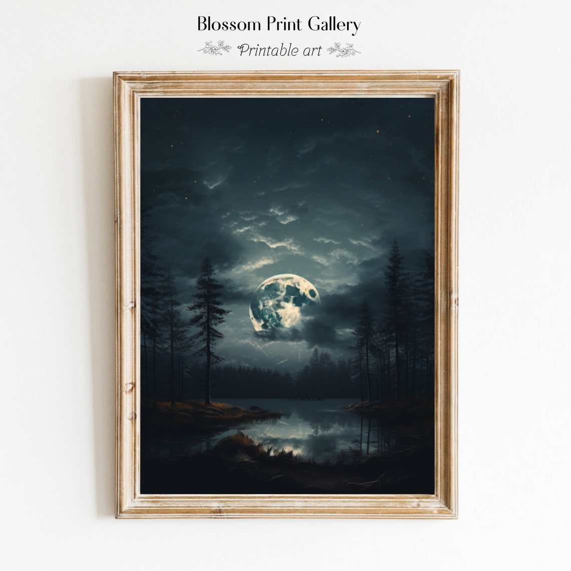 Full Moon Night Sky Forest Lake Moody Celestial Dark Landscape Poster