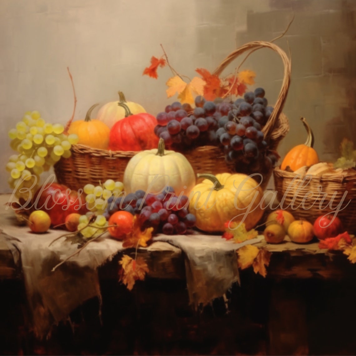 Harvest Still Life with Grapes Pumpkins and Baskets Painting Poster - Image 3