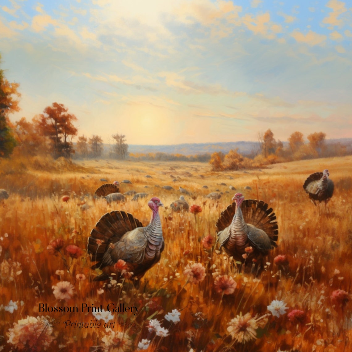 Wild Turkeys in Autumn Meadow Wildflower Field Painting Poster - Image 3