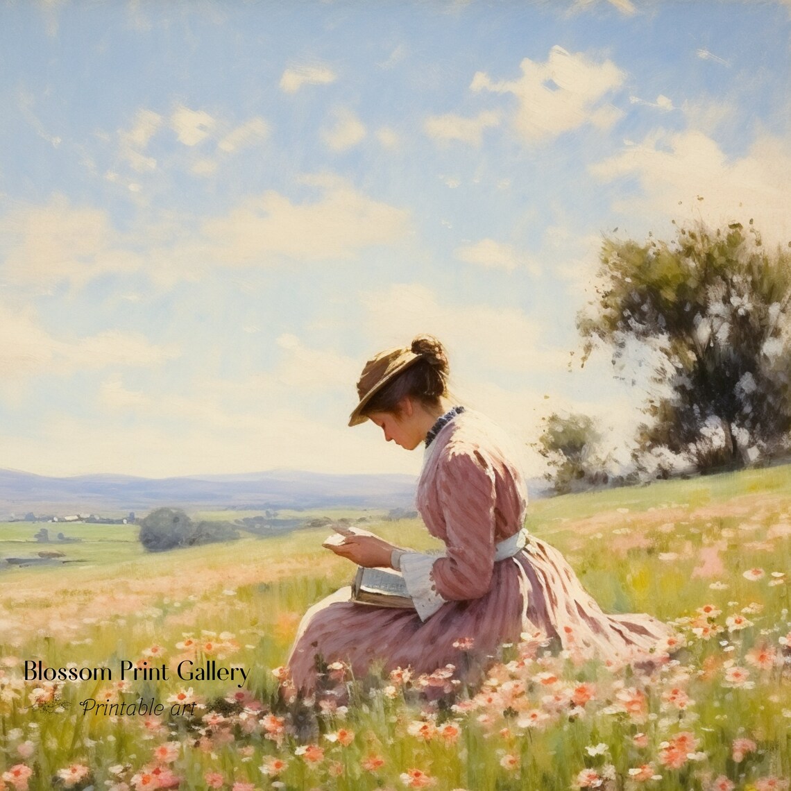 Woman Reading In Pink Wildflower Field Hillside Painting Poster - Image 3