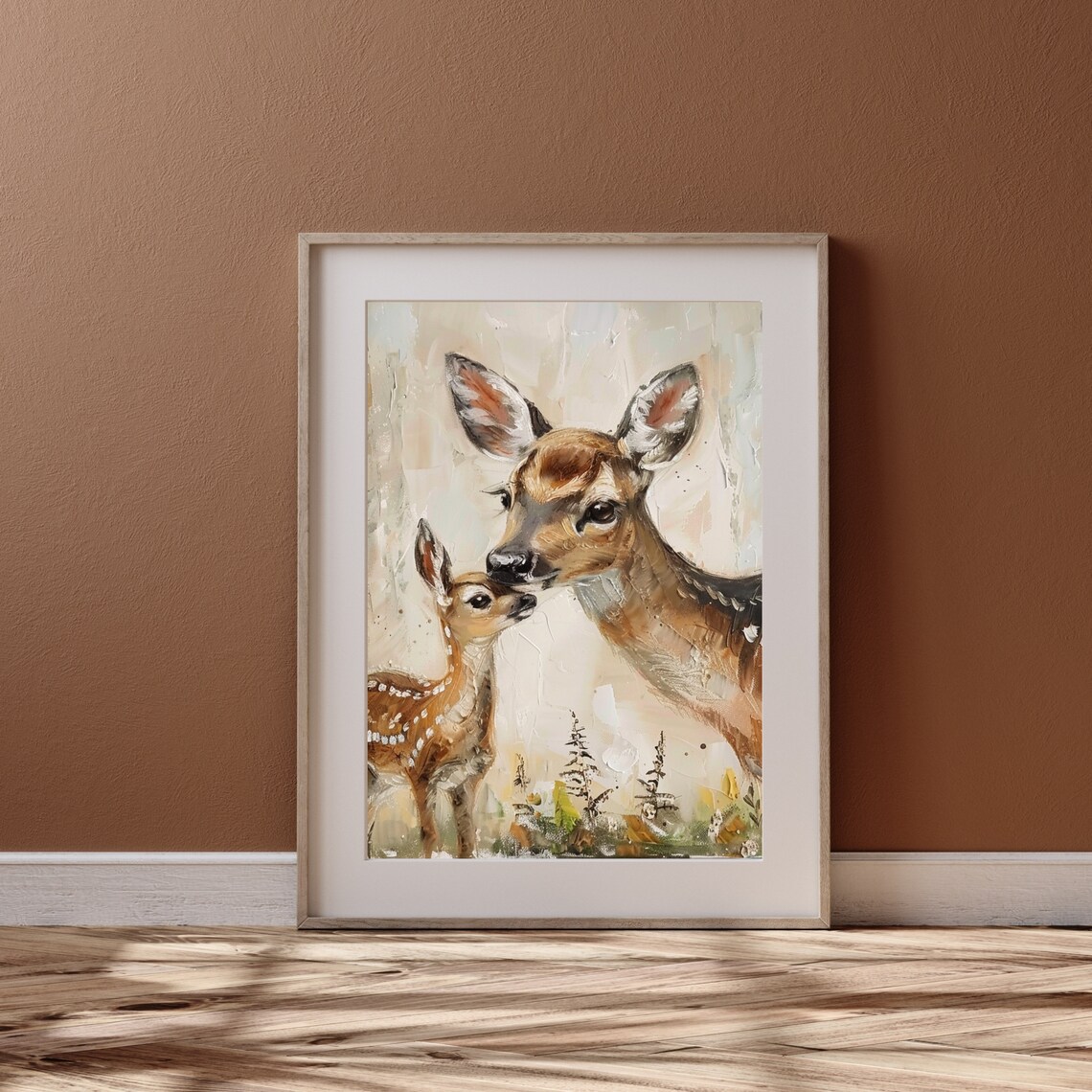 Doe And Fawn Nuzzling In Forest Vintage Wildlife Painting Poster - Image 2