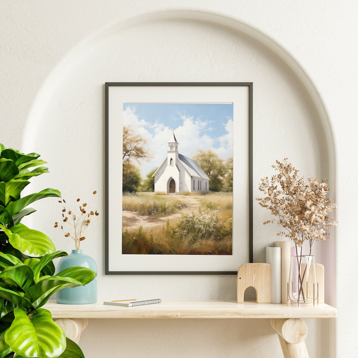 Sunny White Country Church Summer Meadow Wildflowers Art Poster - Image 5