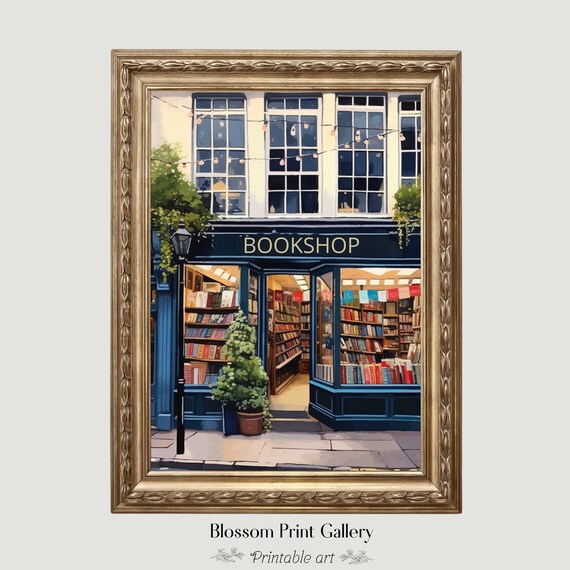 Charming Blue Bookshop Storefront Illustration Book Lover Poster