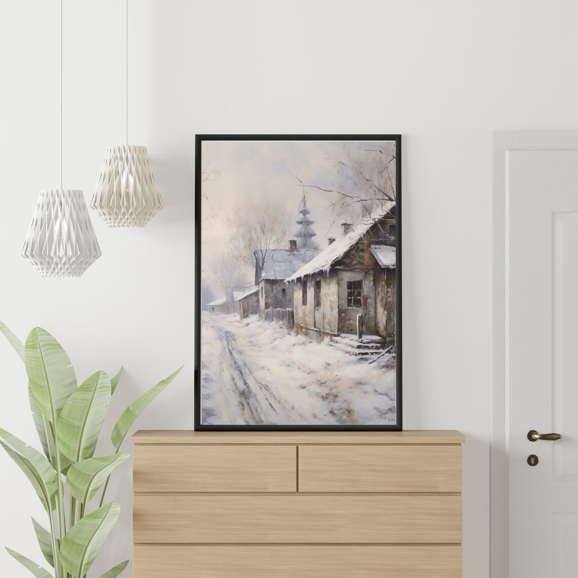 Snowy Rustic Village Street With A Church Steeple In The Mist Poster - Image 4