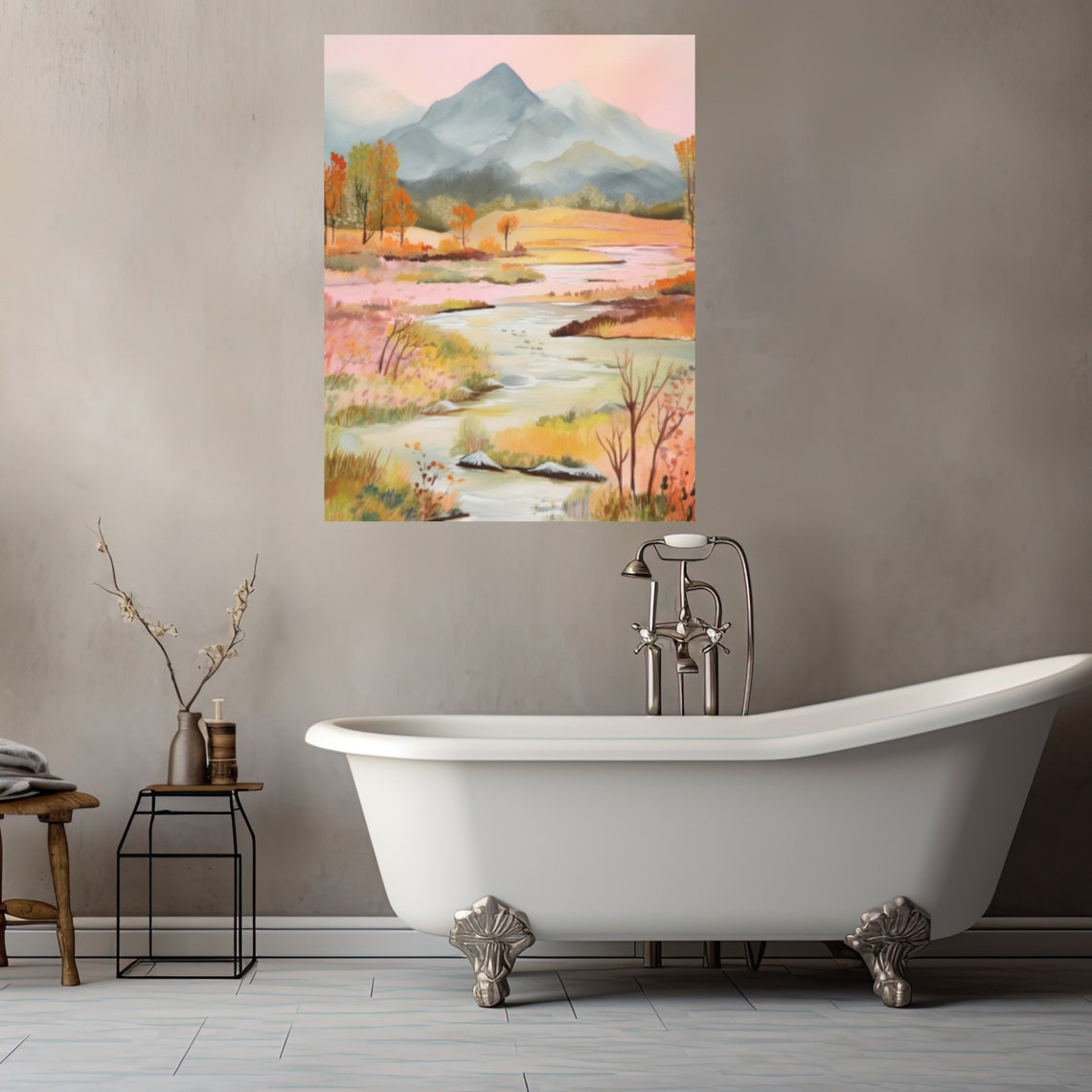 Pastel Watercolor Mountain Valley Meadow Stream Painting Poster - Image 6