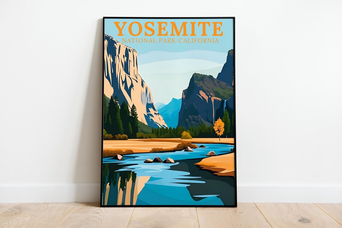 Yosemite National Park Poster Granite Cliffs River California Retro