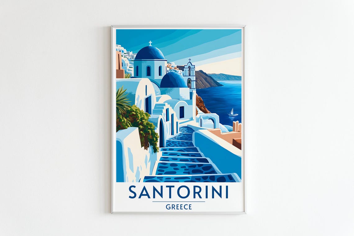 Santorini Greece Travel Poster Blue Domes Whitewashed Steps Retro - Image 5