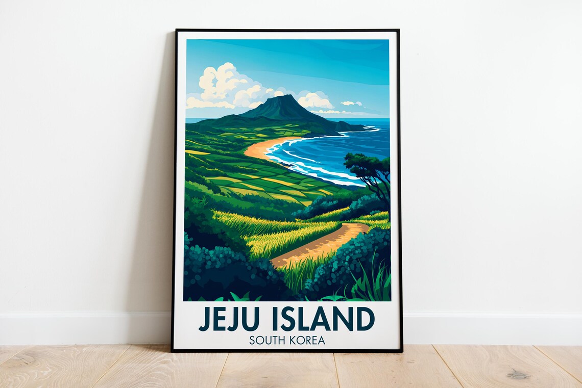 Jeju Island South Korea White Edition Coastal Mountain Travel Poster