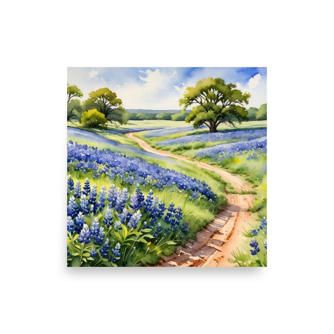 Bluebonnet Meadow Watercolor Art Print, Texas Road - Image 3