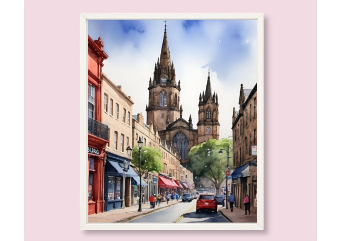 Edinburgh Painting Scotland Cityscape Watercolor Art Print Scottish Town Wall Art Edinburgh Street And St Marys Cathedral Watercolor Print - Image 6