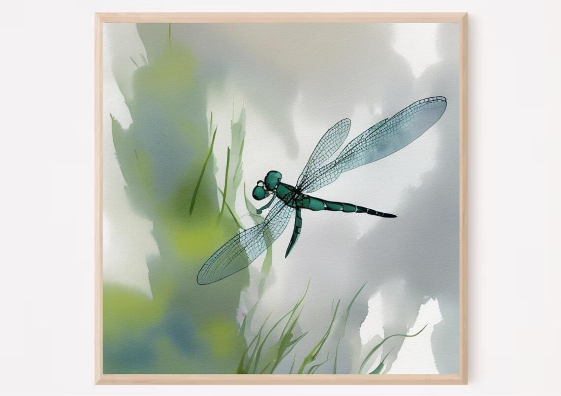 Dragonfly Watercolor Meadow Painting Dragonfly Art Print Botanical Wall Art Insects Watercolor Painting Green Blue White Floral Poster - Image 6