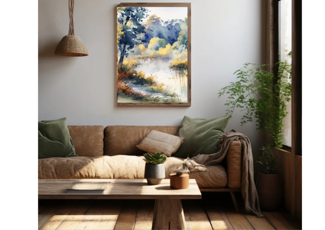 Misty Autumn River Watercolor in Warm Golden Fall Tones Poster - Image 4