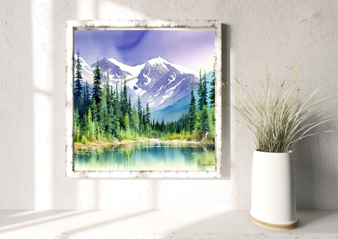 Purple Snowy Peaks Above Pine Forest And Lake Watercolor Art Poster - Image 4