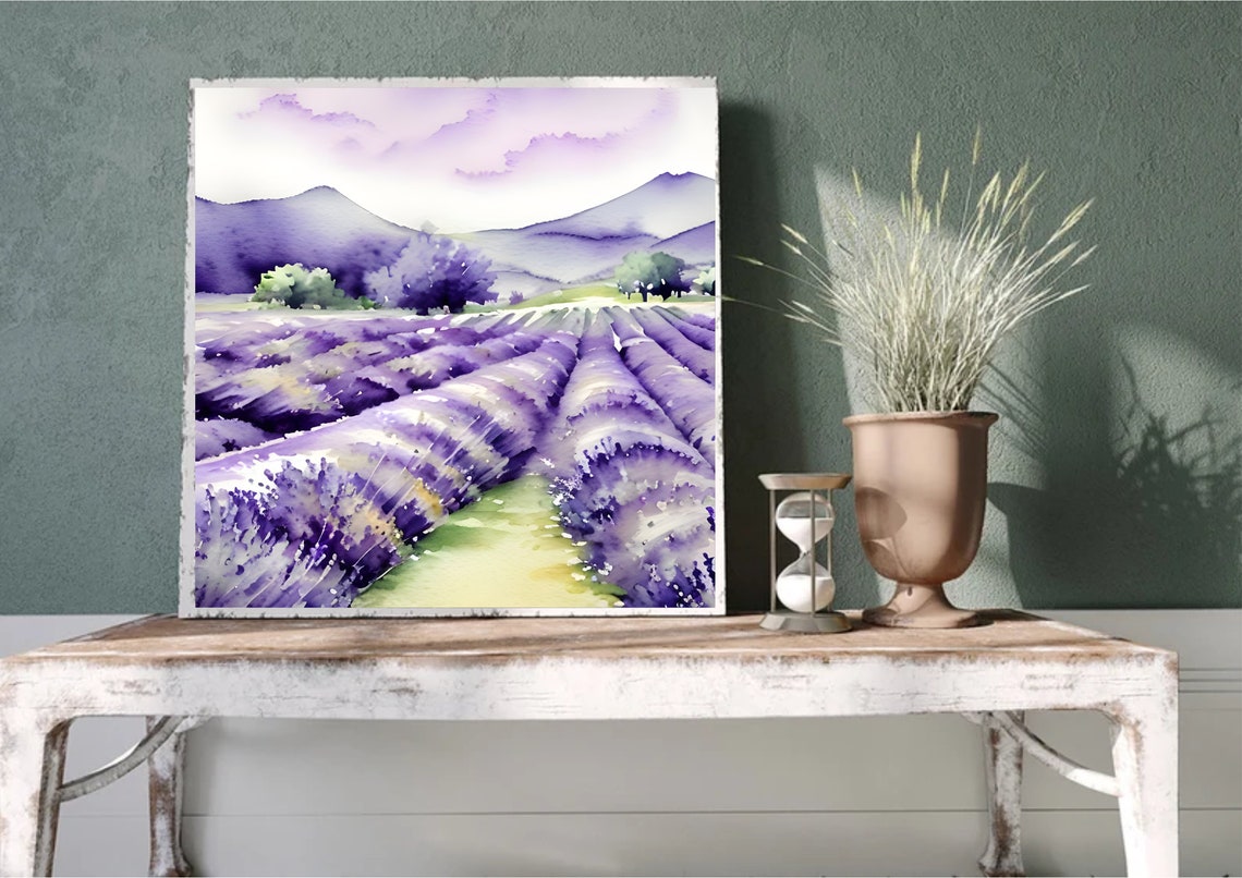 Purple Lavender Field Rows With Soft Hills Watercolor Wall Art - Image 4