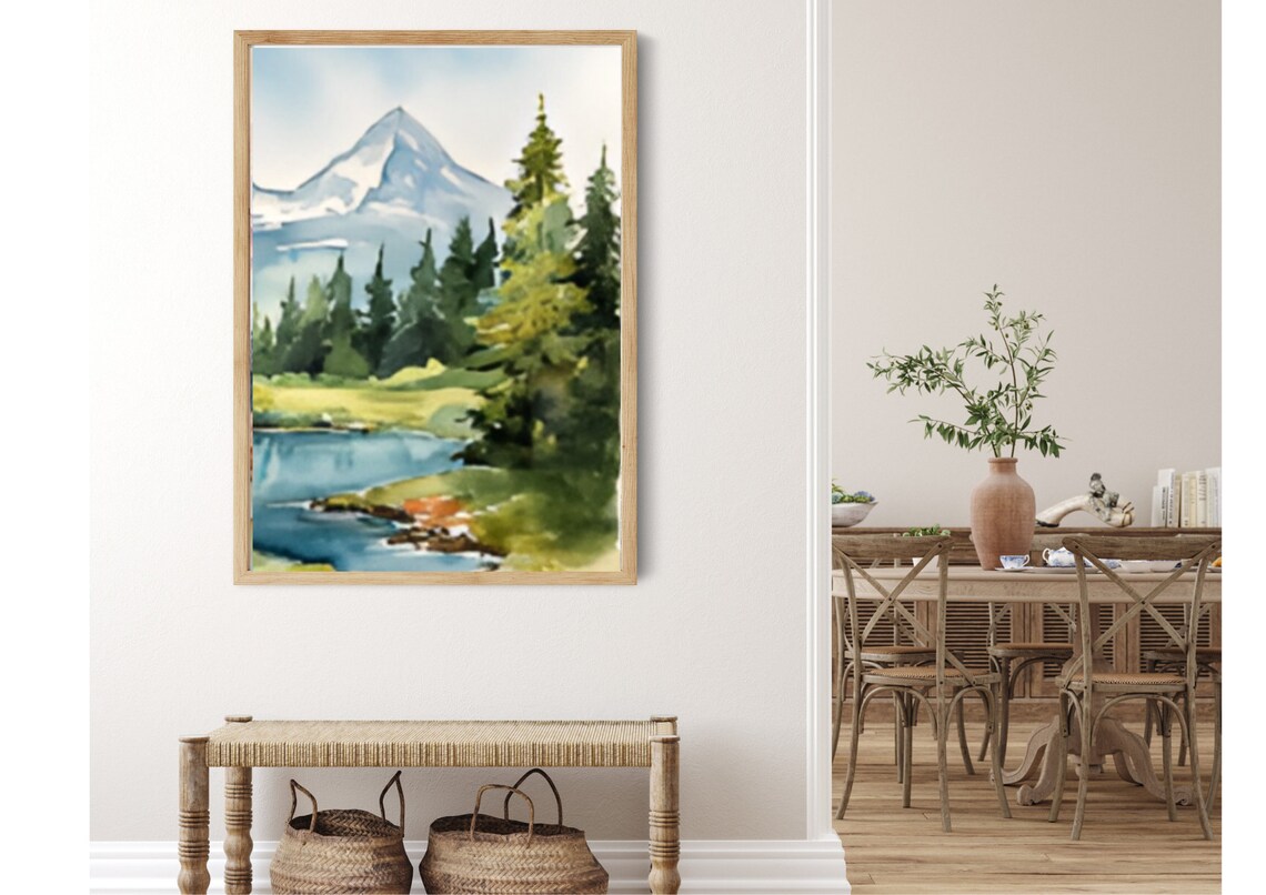 Snowy Mountain Peak Watercolor With Pines and a Quiet River Poster - Image 4