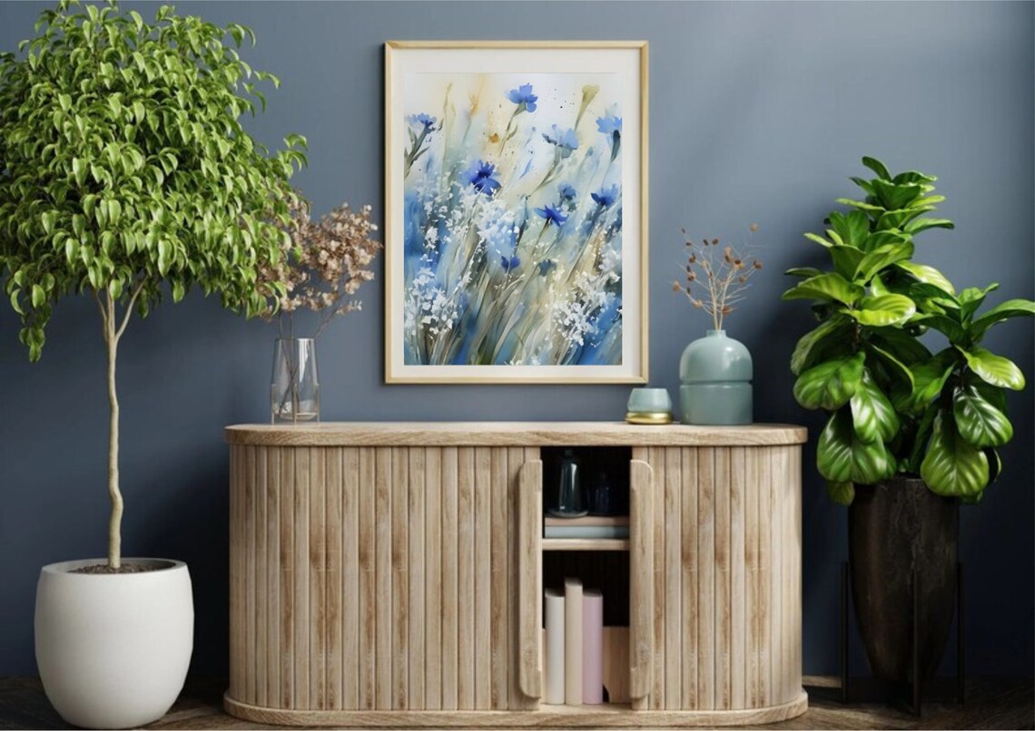 Blue Cornflowers Loose Abstract Breezy Watercolor Floral Art Poster - Image 4