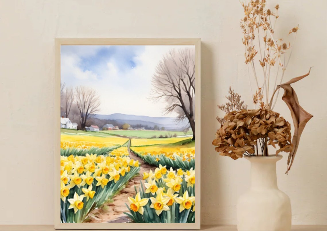 Yellow Daffodil Field Farm Path Spring Watercolor Flower Poster - Image 5