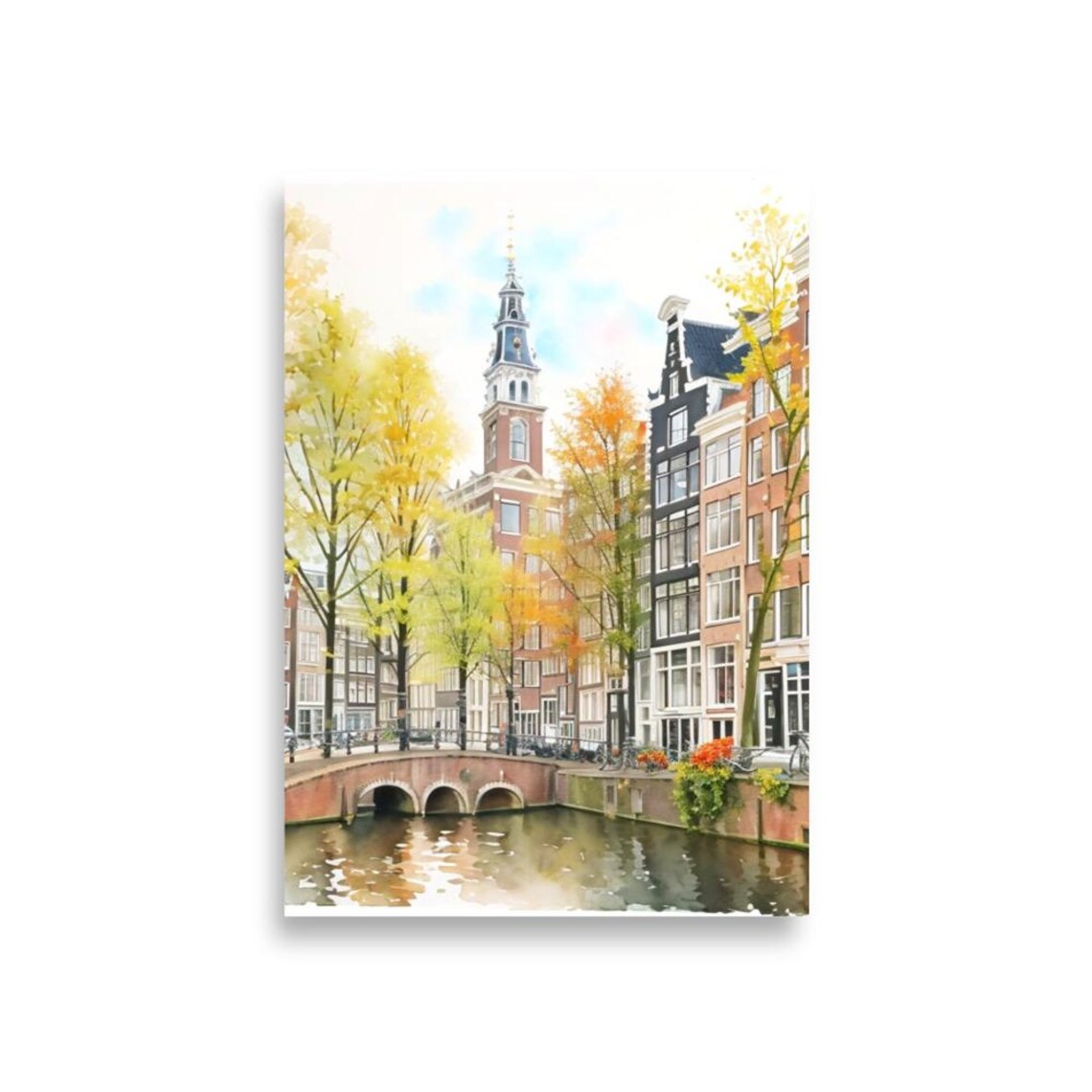 Amsterdam Autumn Canal Church Tower Watercolor Fall Travel Art Poster - Image 2