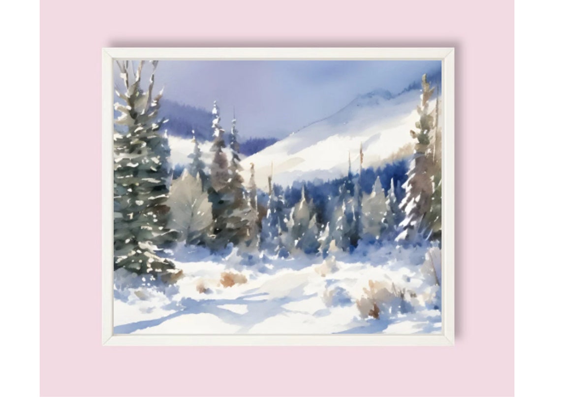 Blue Shadowed Snowy Mountain Forest Watercolor Winter Wall Art - Image 6