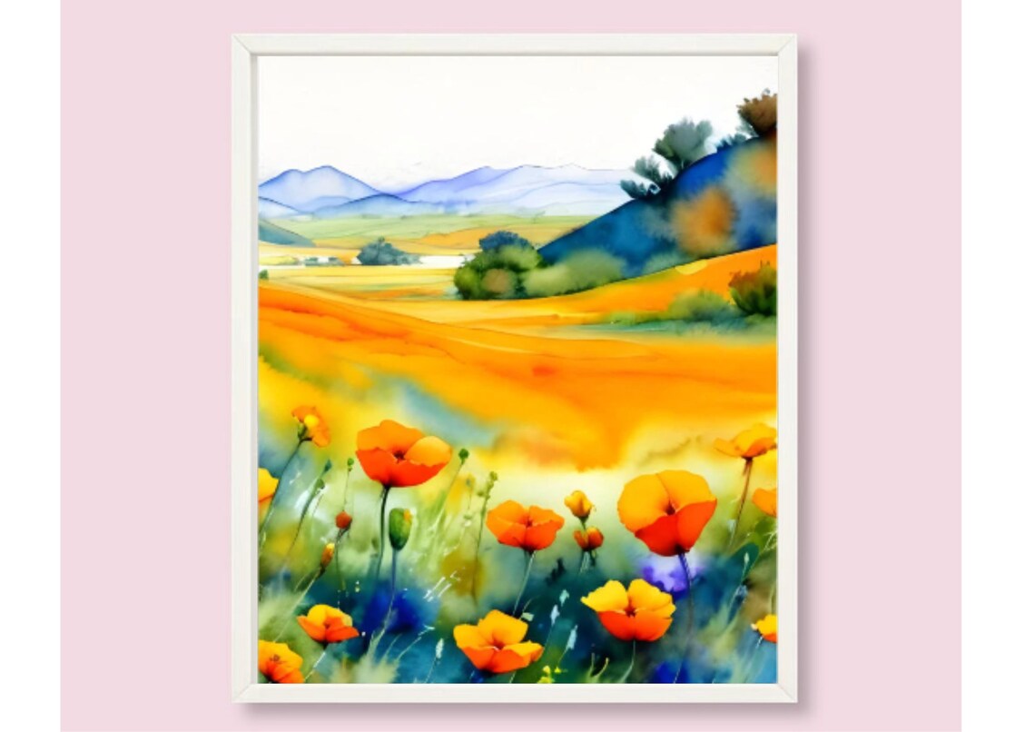 Californian Field Of Poppies Watercolor Art Print - Image 6