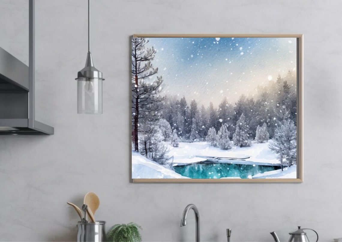 Snow Falling Over Turquoise Lake In Snowy Pine Forest Art Poster - Image 4