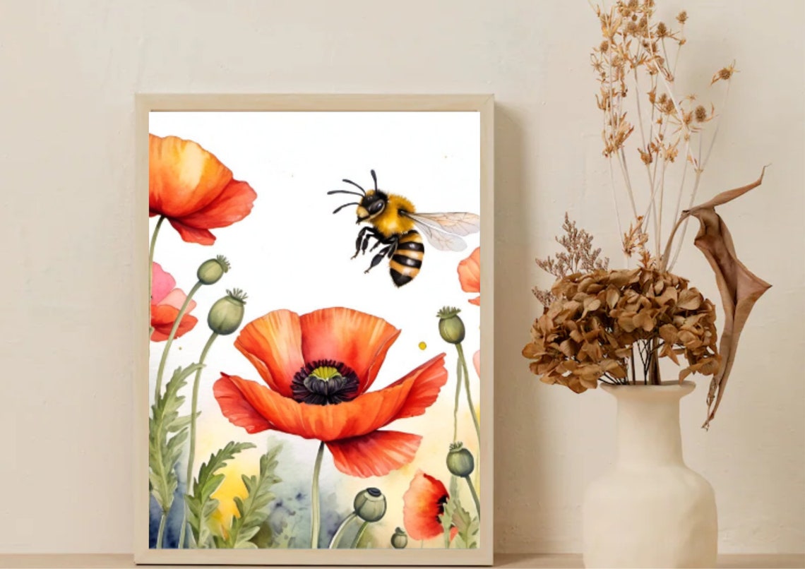 Poppies And Bee Painting Wildflowers Meadow And Bee Watercolor Art Print Poppies Wall Art Flowers And Bee Art Summer Wildflowers Meadow Art - Image 5
