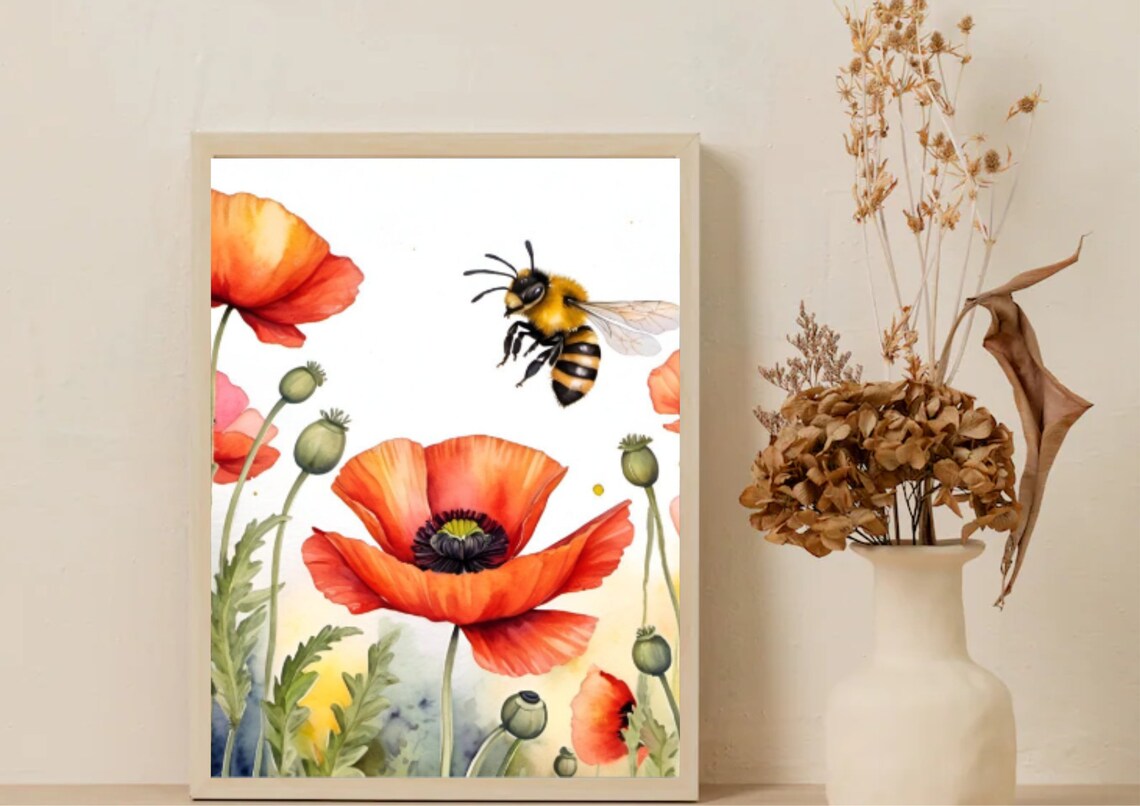 Red Poppy Flowers Bumblebee White Watercolor Botanical Poster - Image 5