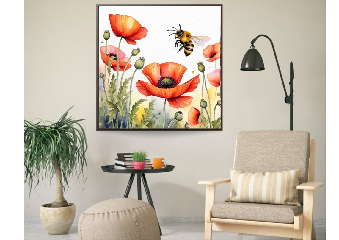 Poppies And Bee Painting Wildflowers Meadow And Bee Watercolor Art Print Poppies Wall Art Flowers And Bee Art Summer Wildflowers Meadow Art - Image 4