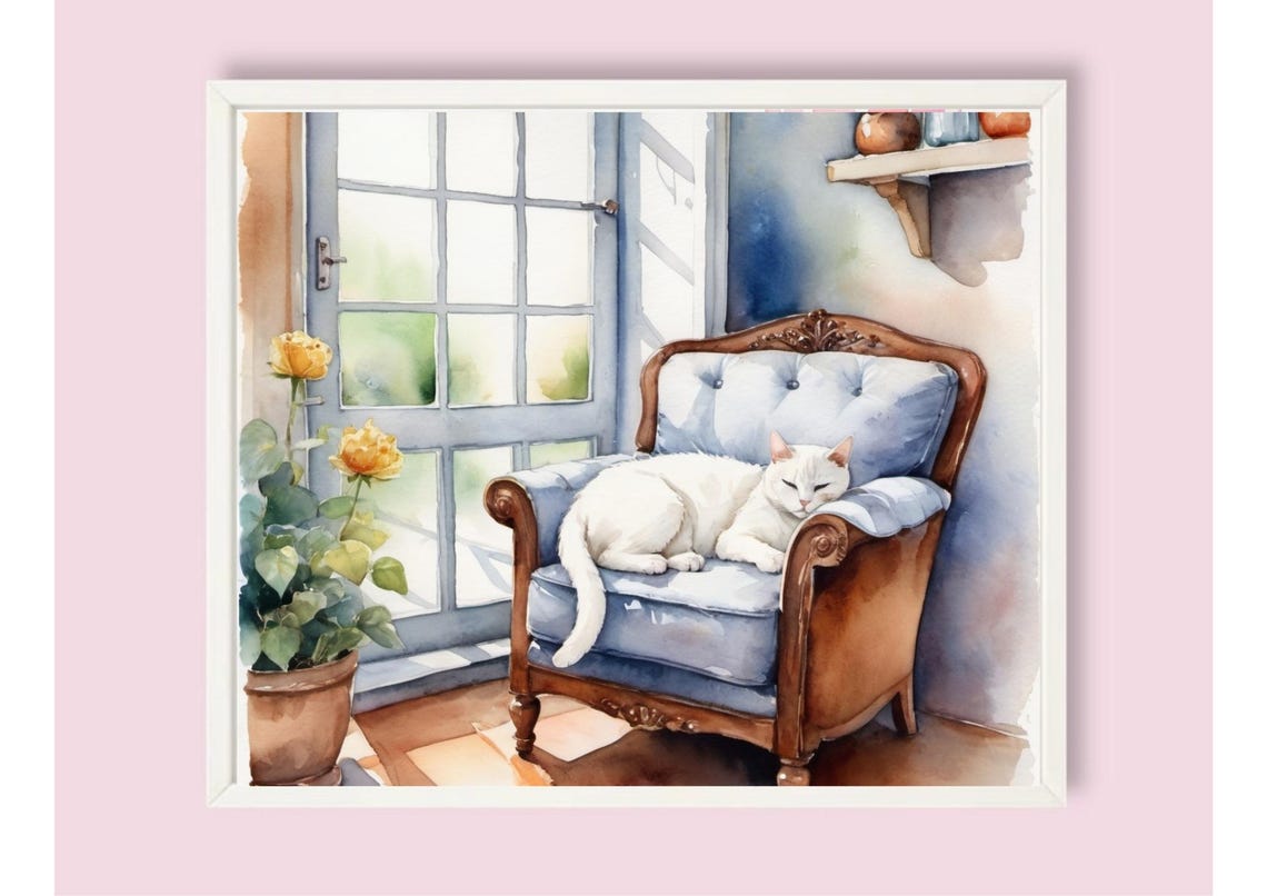 White Cat Napping On A Blue Armchair By The Window Watercolor Poster - Image 5