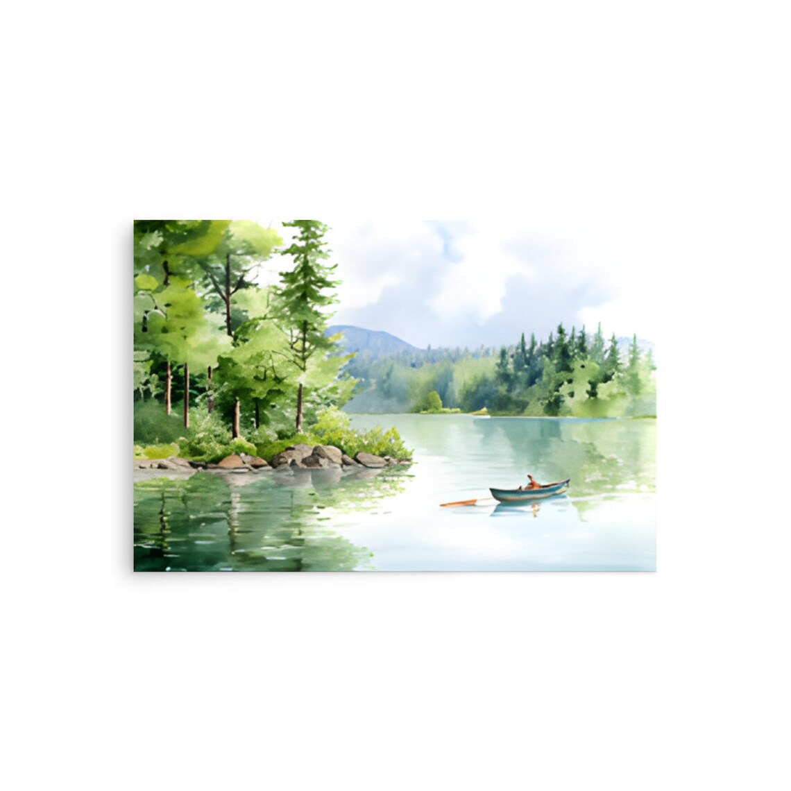 Rowboat on a Calm Green Lake Watercolor Forest Landscape Poster - Image 2