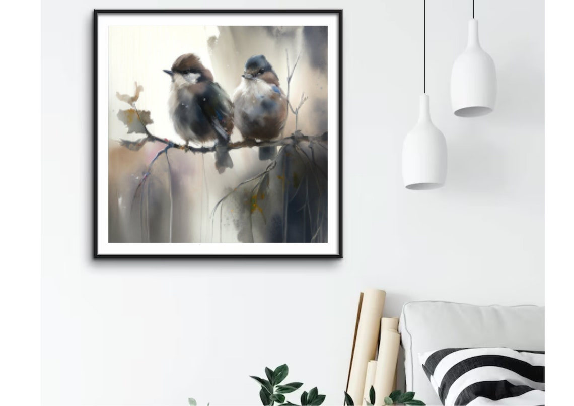 Two Sparrows on a Bare Winter Branch Watercolor Bird Art Poster - Image 2