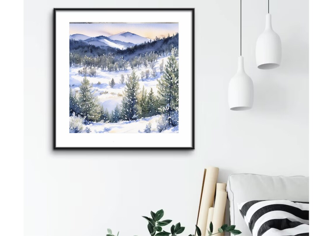 Snowy Mountain Valley At Sunset With Tall Pines Watercolor Art Print - Image 2