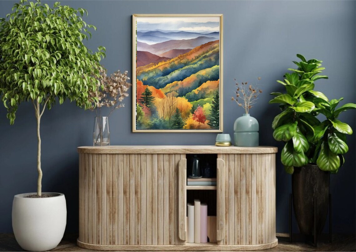 Smoky Mountains Autumn Landscape, Watercolor Art Print - Image 3