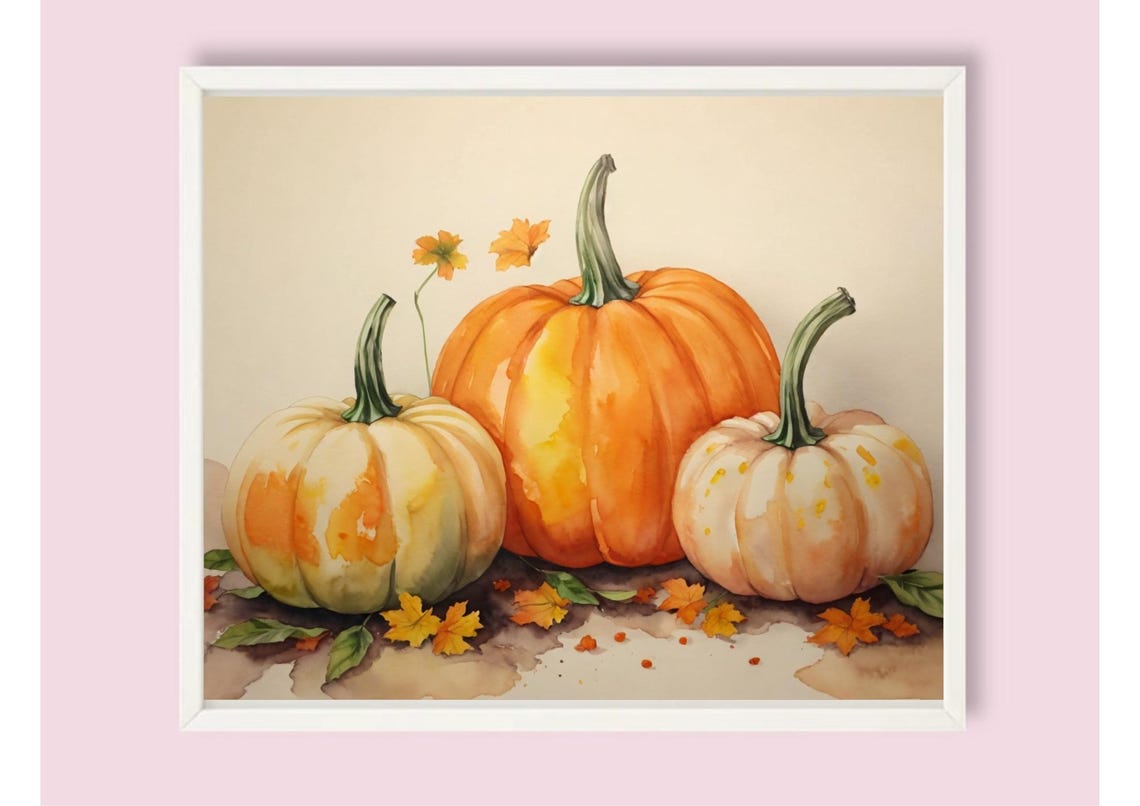 Pumpkins With Autumn Leaves Watercolor Fall Still Life Kitchen Poster - Image 5