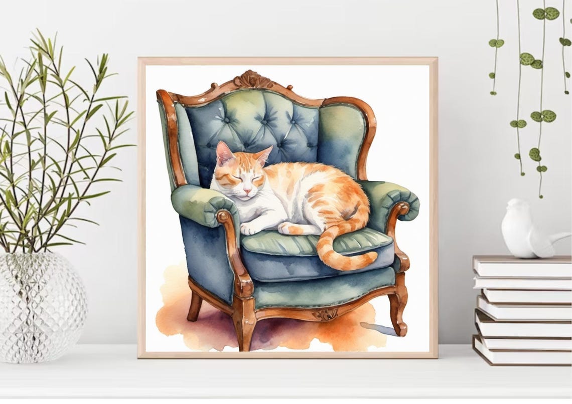 Cat Painting Ginger Cat Sleeping On An Armchair Watercolor Art Print Pet Portreit Wall Art Animal Artwork Animal Lovers Gifts - Image 3