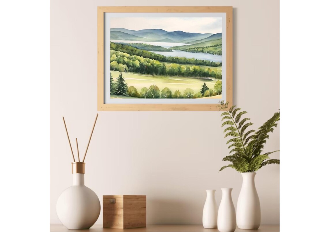 Peaceful Green Mountain Lake Watercolor Forest Landscape Poster - Image 2