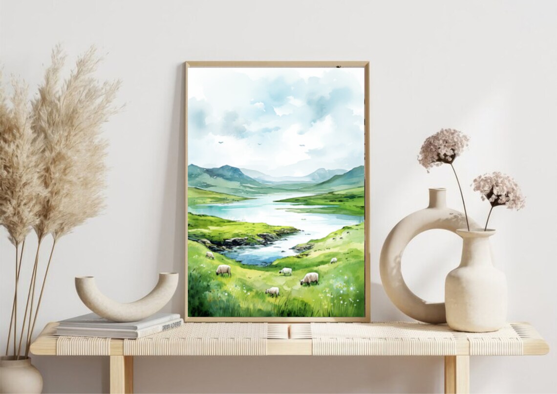 Green Hillside Meadow With Grazing Sheep By Lake Watercolor Wall Art - Image 5