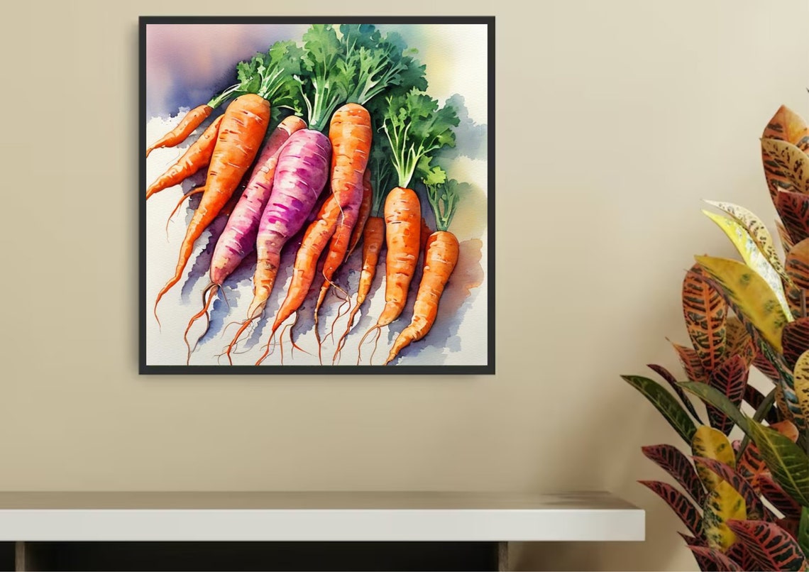 Fresh Carrots Bunch Orange Violet Watercolor Kitchen Still Life Poster - Image 2