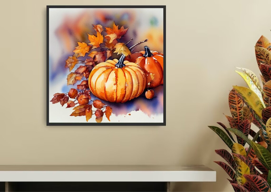 Golden Pumpkins With Maple Leaves And Berries Watercolor Fall Print - Image 5
