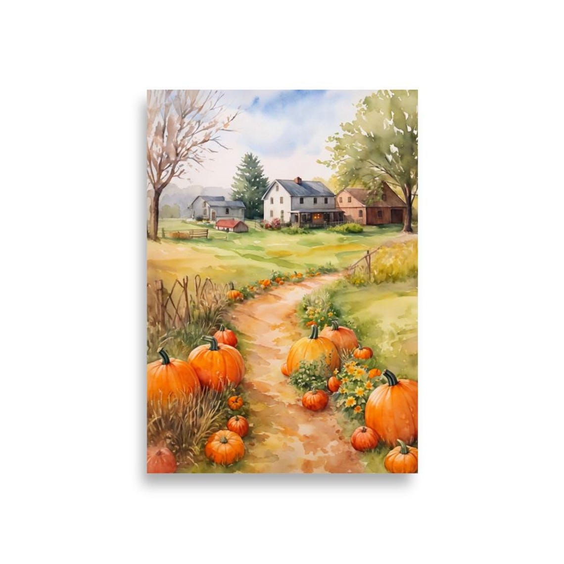 Farm Watercolor Painting Pumpkins Patch Art Print Autumn Farm Landscape Wall Art Barn Painting Country Farmhouse Autumn Landscape Artwork - Image 2