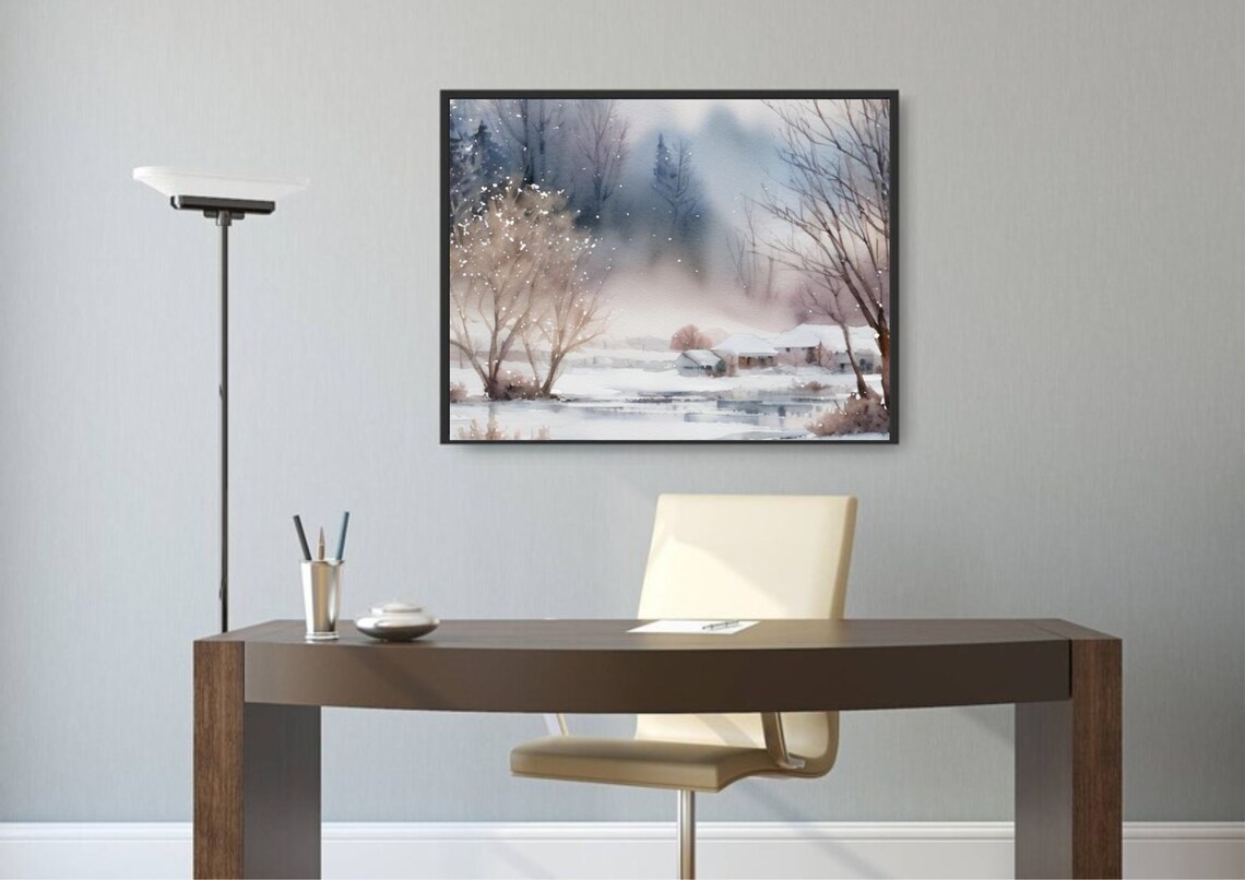 Foggy Winter Village By Frozen River Watercolor Landscape Wall Art - Image 5