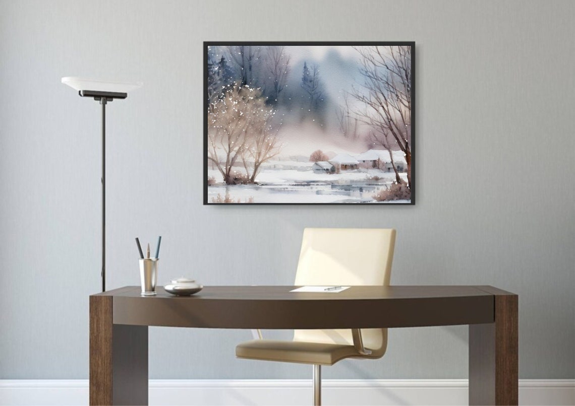 Winter Foggy Country Landscape Watercolor Painting Rural Houses And A Small River Art Print Panoramic Winter Landscape Of A Village Print - Image 5