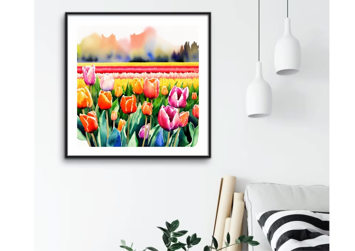 Tulips Painting Field Of Tulips Watercolor Art Print Spring Landscape Wall Art Field Of Spring Flowers Watercolor Art Floral Landscape Print - Image 3