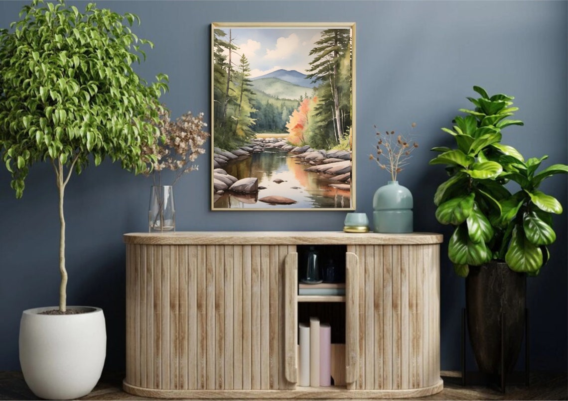 Adirondack Mountain River Evergreen Forest Watercolor Poster - Image 4