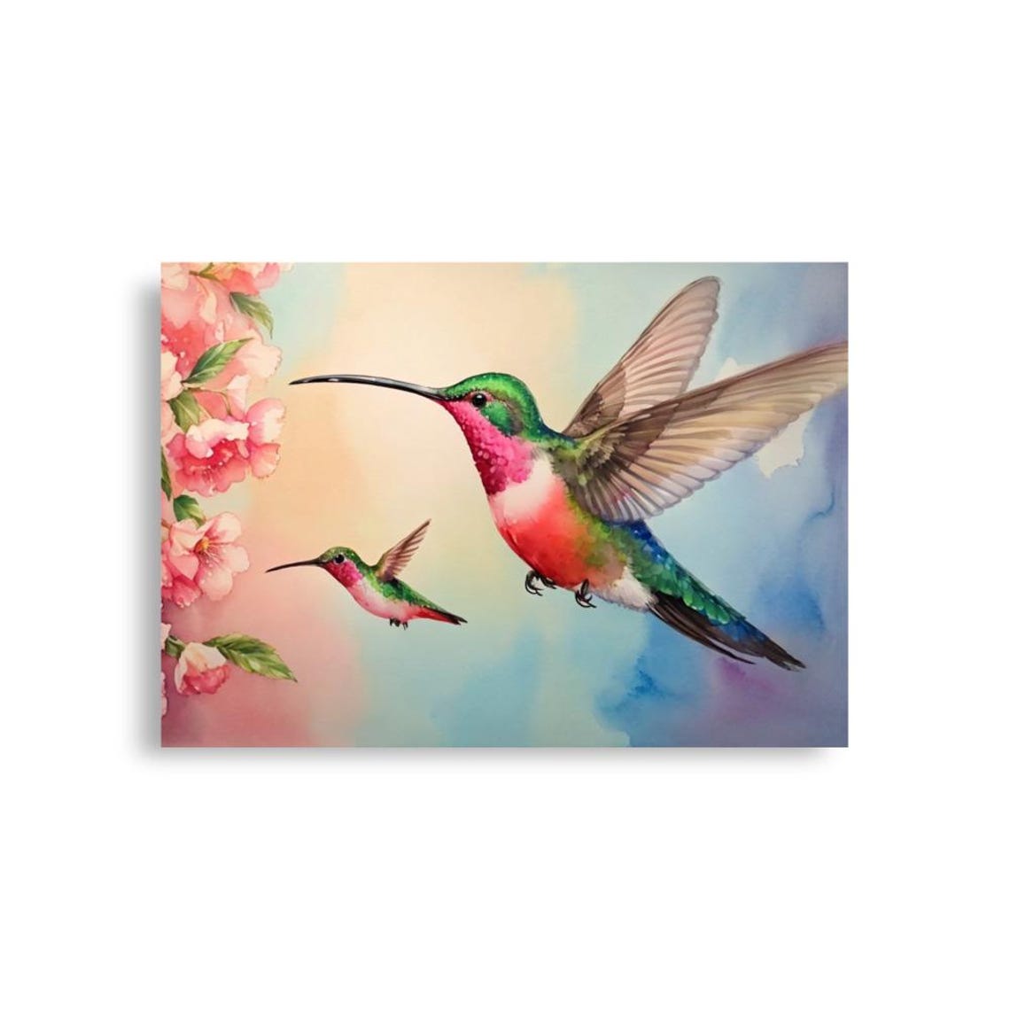 Hummingbirds And Flowers Painting Birds Watercolor Art Print Green Red Flying Birds Wall Art Blossomed Flowers Art Birds Lovers Gifts - Image 3