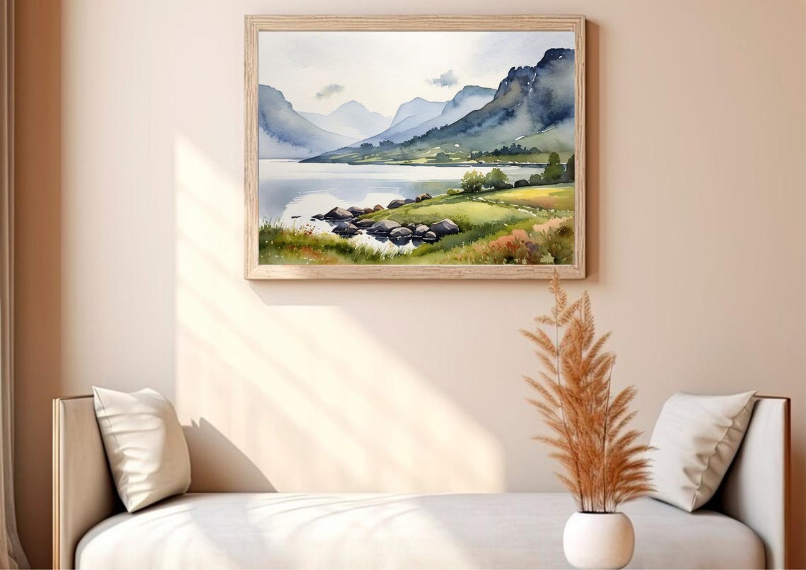Loch Ness Lake Painting Scotland Mountain Lake Watercolor Art Print English Landscape Wall Art Earth Tones Nature Poster - Image 2