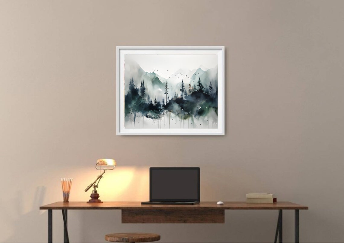 Misty Mountain Pine Forest Moody Fog Watercolor Landscape Poster - Image 2