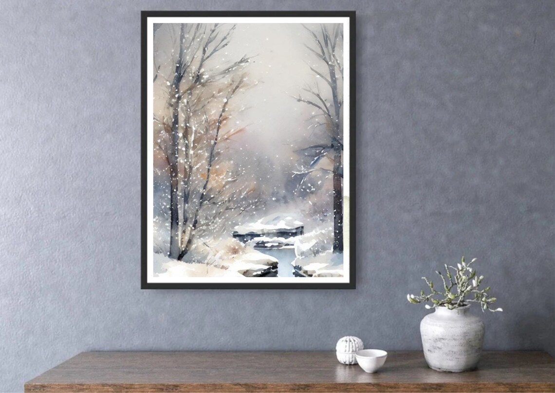 Winter Foggy Forest and River Watercolor Art Print - Image 3