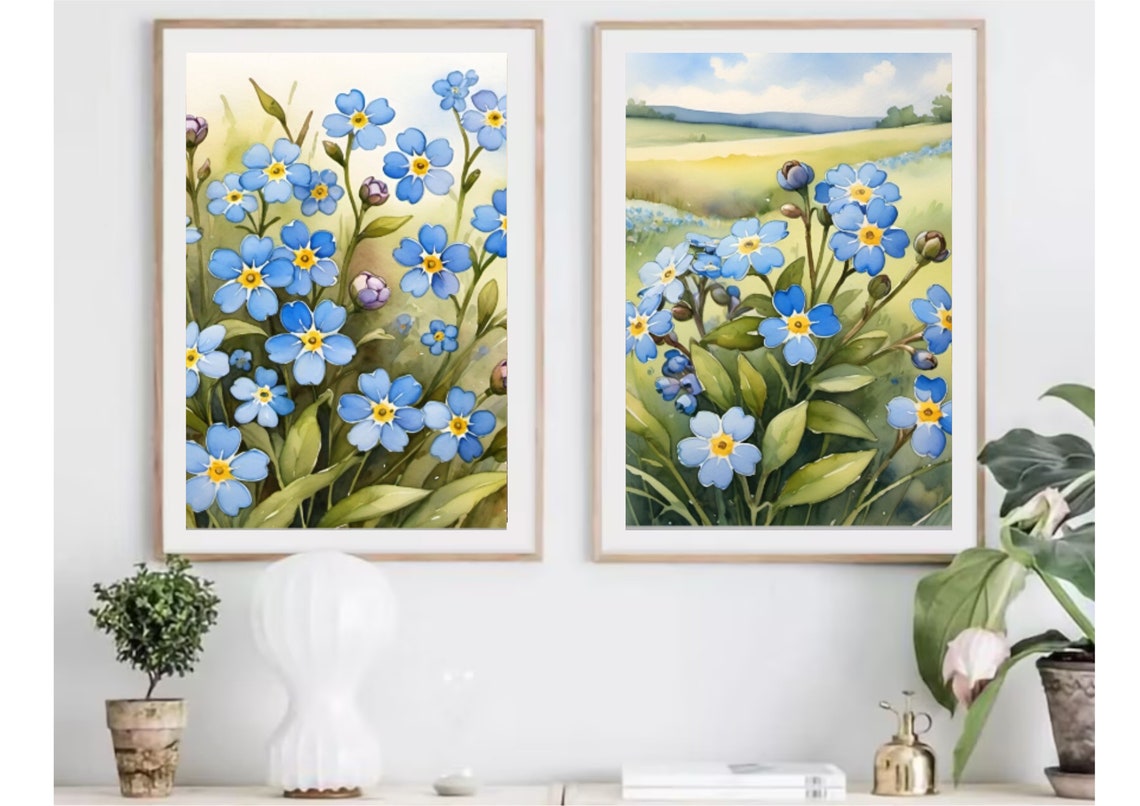 Blue Forget Me Not Flowers Watercolor Delicate Floral Botanical Poster - Image 2
