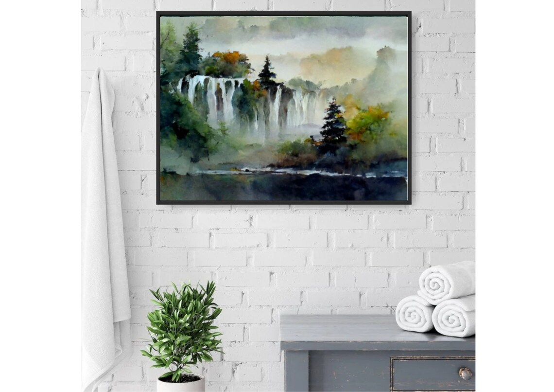 Misty Waterfall Cascades Forest Fog Dreamlike Watercolor Poster - Image 3